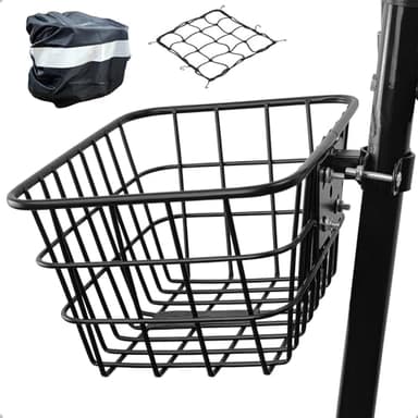 Mkuero Bike Basket with Cargo Net and Cover, Scooter Basket with Fixed Holder, Metal Electric Bicycle Basket for Jetson Electric Bicycle, Scooter, Knee Scooter and Electric Bicycle