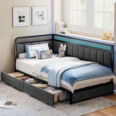 LIKIMIO Twin Corner Bed Frame with Storage Drawers and Charging Station, Modern Twin Daybed with LED Lights and Upholstered Guardrail, Gray