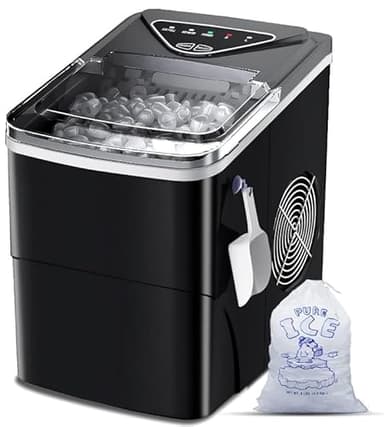 Ice Makers Countertop, Self-Cleaning Function, Portable Electric Ice Cube Maker Machine, 9 Bullet Ice Ready in 6 Mins, 26lbs 24Hrs with Ice Bags and Scoop Basket for Home Bar Camping RV(Black)