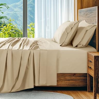 SONORO KATE 100% Egyptian Cotton Sheets Set, Extra Deep Pocket up to 18"-24",1000 High Thread Count, Soft & Breathable 5-Star Hotel Sateen Bed Sheets - 4 PC (Beige,Queen)