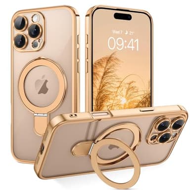 GUAGUA for iPhone 16 Pro Case with Stand, Magnetic Clear Cases Plating Edge Invisible Ring Holder Slim Protective Shockproof Kickstand Phone Case for iPhone 16 Pro 6.3 inch, Desert Titanium Gold