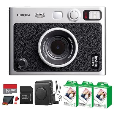 Fujifilm Instax Mini EVO Hybrid Instant Camera (Black) Bundle with Instax-Mini Twin Pack Instant-Film 60 Sheets + 32GB Memory Card + Vintage Black Mini-Evo Camera Case + Cleaning Cloth