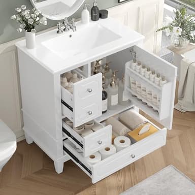 KIVENJAJA 30" Bathroom Vanity with Sink & Pre-Drilled Faucet Holes, Modern Single Bathroom Cabinet with Ceramic Sink, Sliding Barn Door, 3 Drawers of Different Sizes
