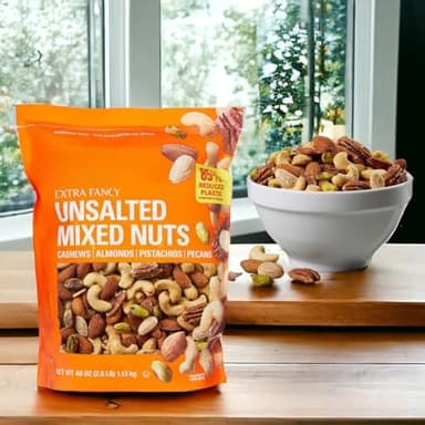 Kirkland Extra Fancy Mixed Nuts Unsalted – Cashews, Almonds, Pistachios, Pecans – 2.5 lbs (40 oz) Resealable Bag – Crunchy, Natural, Salt-Free Snack Mix