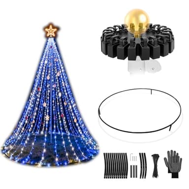 Tryly Flag Pole Christmas Tree Kit with Plastic Flag Pole Mega Topper Light Hook and Heavy-Duty Metal Hoop, for 15-30 FT Telescoping In-Ground Poles, Outdoor Decoration for Patio Yard (No Lights)