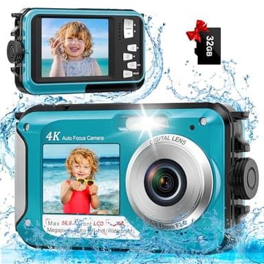 4K Underwater Camera 16FT Waterproof Camera with 32GB Card 64MP Autofocus Dual-Screen Selfie Underwater Camera for Snorkeling Waterproof Compact Floatable Digital Camera 1250mAh Battery Type-C