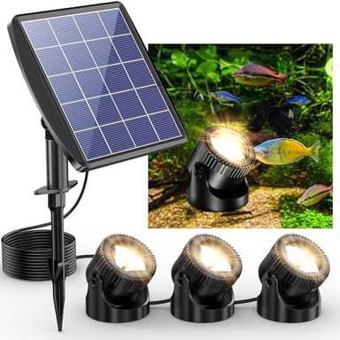 POPOSOAP Solar Pond Lights, 3-in-1 Warm White Underwater Pond Lights, IP68 Waterproof LED Landscape Spotlights for for Pond, Garden, Patio, Fountain, Pool, Waterfall Decoration(3 Head Lamp)-P63H