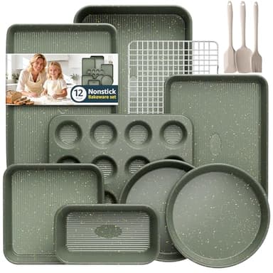 12-Piece Nonstick Baking Set, Non-Toxic Bakeware Sets with Baking Sheet, Cake Pan, Square Pan, Loaf Pan, Roasting Pan, Muffin Pan, Cookie Sheet, Cooling Rack & Kitchen Utensilss - Ceramic Coated Green