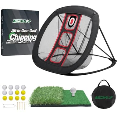 Golf Chipping Net Set with Mat & 12 Practice Balls – All-in-One Golf Training Kit – Portable, Easy Setup for Backyard & Indoor Use – Great Gift for Golfers and Beginners