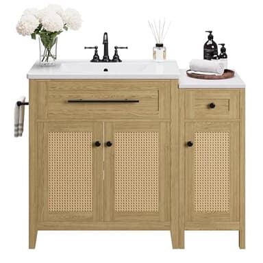 IRONCK 30" Bathroom Vanity with Storage Side Cabinet, Freestanding Bathroom Cabinet with Ceramic Sink, Flip-Down Drawer & Soft Closing Door, Farmhouse