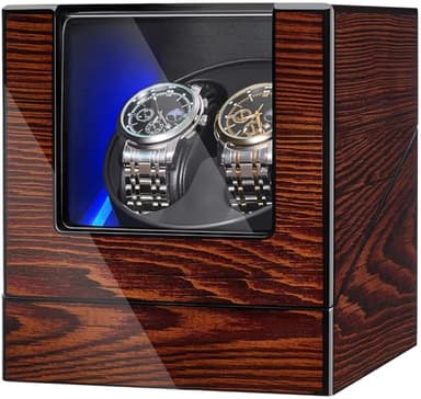BEWISHOME Watch Winder for Automatic Watches, Automatic Watch Winder Box Watch Spinner with LED Light, Double Watch Winder with Quiet Motor Wooden 4 Modes Battery or Type-C Adapter, Brown SYQ02Y