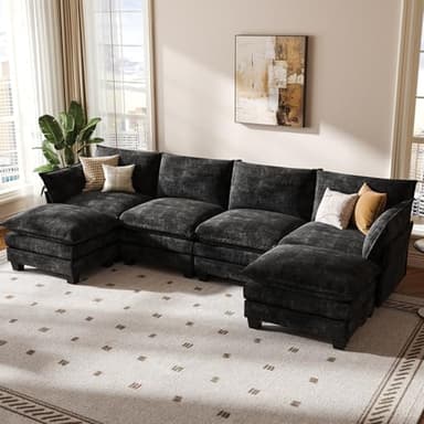 KKL 120" Modular Sectional Sofa, U-Shaped 6 Seater Convertible L-Shaped Cloud Couch with Ottoman, Chenille Modern Sectional Couches for Living Room, Apartment, Black