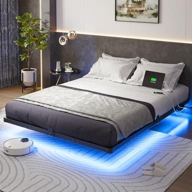 Liians Queen Size Floating Bed Frame with USB Charging Station and LED Lights, Modern Metal Platform Bed Frame with Mattress Slide Stopper, Noise Free No Box Spring Needed and Easy Assembly