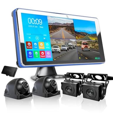 ASLONG 4K Backup Camera 4CH Dash Cam with 10.36" Quad Split Touch Screen & 4 AHD Front Rear Sides View Camera w/DVR Recording Music Video Playback Avoid Blind for RV Semi Trailer Truck Van