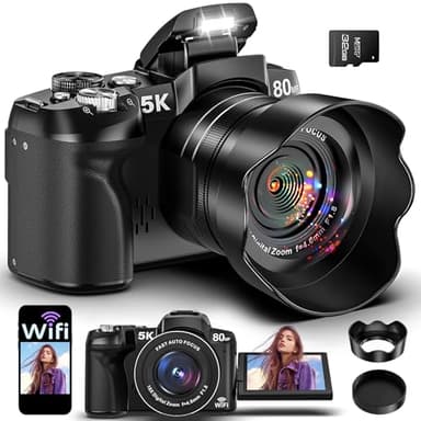 5K Digital Camera - 80MP WiFi Cameras for Photography - UHD Fast Autofocus Vlogging Camera for YouTube with 3" 270° Flip Screen - Travel Video Camara for Beginner with 18X Zoom, 32GB Card, Lens Hood