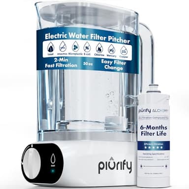 Piurify Compact 50 OZ Countertop Electric Water Filter Pitcher | Removes 99% of Lead, Microplastics, PFAS & Chlorine | Advanced Carbon Block & UltraFiltration Technology | 6 Months Filter Life
