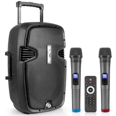 Pyle Portable Bluetooth PA Speaker System - 1000W Wireless Karaoke Loudspeaker with 12” Subwoofer, USB/SD/MP3/FM - Includes Dual UHF Mics, Remote, Rolling Wheels - Ideal for Parties, Events, Outdoors