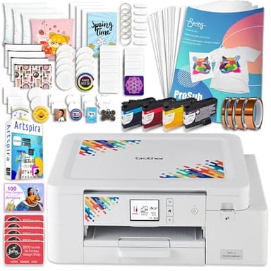Brother SP-1 Sublimation Printer Starter Bundle with Full Ink Set, 160 Sublimation Transfer Sheets, 50 Blanks, Tape and More