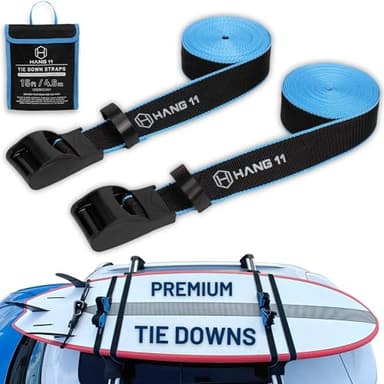 Hang 11 Surfboard Tie Down Straps for Roof Rack, Extra Long (15ft) & Wide (1.5"), No-Scratch Silicone Buckles, Surfboard Straps for Roof Rack, Ideal to Secure a Paddle Board Kayak Canoe SUP on a Car