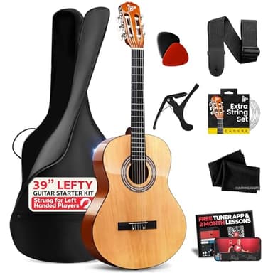 Pyle Left Handed Beginner Acoustic Guitar Kit, 4/4 Full Size All Wood Build Nylon String Instrument with Capo, Strap, Extra String Set, Gig Bag, Guitars for Beginners Adults Youth, 39" Natural Gloss