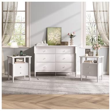 JOINICE 3 Piece Bedroom Set, Vintage 6 Drawer Dresser and Nightstand Sets for Bedroom, Night Stand Set 2 & Kids Dresser with Solid Wood Legs, Chest of Drawers Storage Cabinet Set, White