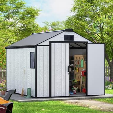 MELLCOM 8 x 10 FT Resin Garden Storage Shed with Floor and Lockable Door, Outdoor Storage Shed with Windows, Resin Tool Shed for Pool Supply, Lawnmower,Bike