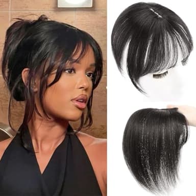 Hair Toppers For Women Real Human Hair 360° 3D Cover Human Hair Topper with Bangs Wispy Bangs Extensions Clip in Bangs for Daily Wear Natural Black