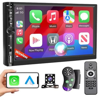 Upgrade Wireless 7" Double Din Car Stereo with Apple CarPlay Android Auto 178 * 102mm,Touchscreen Car Play Radio for Car,Screen for Bluetooth 5.0, Weatherproof Backup Camera,FM,AUX,Card Slot,USB,SWC