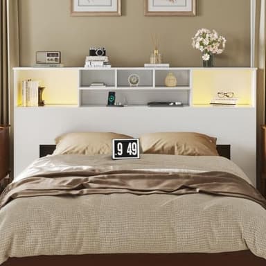 Apicizon King Size Headboard Only, King Bookcase Headboard with Charging Station for Bedroom, Storage Bookcase with USB & 2 Power Outlets, White