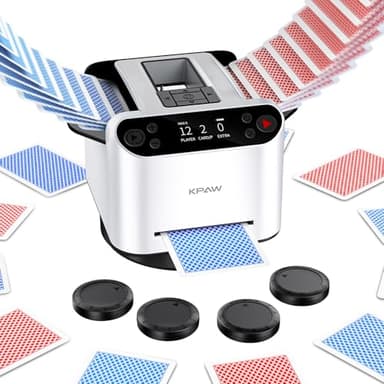 KPAW Automatic Card Shuffler and Dealer - 1-2 Decks Support 12 Players, 4 Drawing Remotes, Auto Post-Shuffle Deal, Consecutive/Random Dealing, for Poker, Blackjack, UNO, Phase 10, Five Crowns (White)