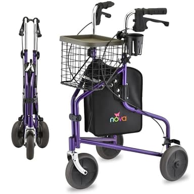 NOVA Traveler Folding 3-Wheel Walker with Tray, Basket, Pouch & Cup Holder, Lightweight Mobility Aid for Seniors & Adults, 8” All-Terrain Wheels for Tight Spaces & Travel, Purple