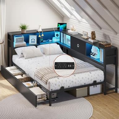 DICTAC Twin Corner Bed Frame with Bookcase Storage and Led Lights Metal Platform Bed Frame Twin Size with Storage Drawers and Charging Station Twin Daybed for Living Room,Bedroom & Guest Room,Black