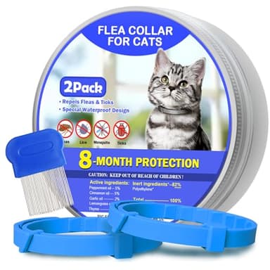 Flea and Tick Collar for Cats 2 Pack, 8 Months of Cat Flea Collar Protection 2 Collars Made with Premium Plant Based Essential Oil Waterproof and Natural Treatment Prevention Free Comb