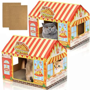 Tlence 2 Pack Cardboard Cat Houses with Scratcher, 16.5''x12.25''x15'' Cat Hideaway Playhouse, Kitty Scratching Beds for Indoor Cats, Pizza Shop Cat Furniture Condo Cave Tent for Bunny Small Animals