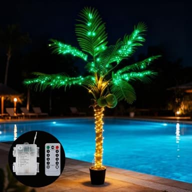 Daifunli 6Ft Lighted Palm Tree Outdoor Decoration Artificial Tropical Palm Tree 190 Led Lights with Glowing Coconuts for Patio Bar Deck 8 Modes Dimmable Timer Waterproof Outside Poolside