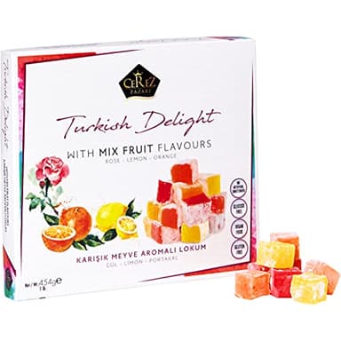 Cerez Pazari Turkish Delight With Rose, Orange, & Lemon Flavors, Gourmet Medium Size Snacks Gift Box, Traditional Confectionery Loukoumi, Vegan Candy Dessert Lokum, No Nuts, 16 oz.