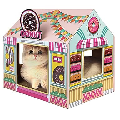 SEKAM Cardboard Cat House with Scratcher/Catnip (16.5'' x 12'' x 15''), Donut Shop for Indoor/Outdoor, Cat Scratch Box & Home Decor, Hideout for Small Animals