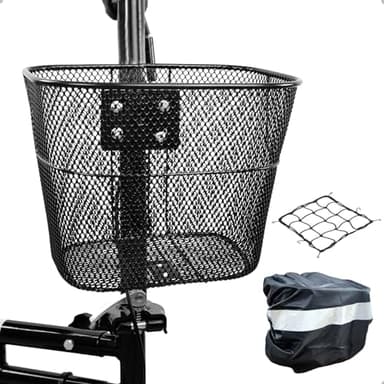 Mkuero Knee Scooter Basket with Cargo Net and Cover, Metal Bicycle Basket for Jetson Products Bolt, Bolt Pro, LX10, Axle, Bolt Up, Knee Scooter and Electric Bicycle, Small, Black