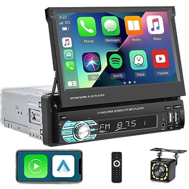 Single Din Flip Out Screen Car Stereo with Wireless Carplay and Android Auto, 7 inch 1 Din Touch Screen Radio Support Bluetooth/SWC/USB/FM + Backup Camera + Mic + Remote Control