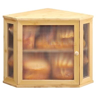 GLOKUUCA Corner Bread Box for Kitchen Countertop Bamboo Large Capacity Bread Storage Bin with Acrylic Wavy Door Panel,Bread Box Under Cabinet (Natural,Medium)