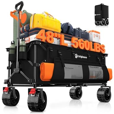 48" L Collapsible Wagon Cart Foldable, 560lbs Weight Capacity 300L Heavy Duty Folding Beach Wagons with Big All-Terrain Wheels, Utility Carts for Groceries, Shopping, Camping, Sports - Black