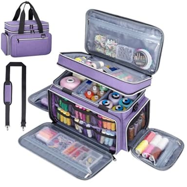 Anitor Large Sewing Supplies Organizer, Double Layer Sewing Storage Organizer with Two Detachable Dividers, Travel Sewing Bag Organizer with Shoulder Strap for Accessories, Purple, (Bag Only)