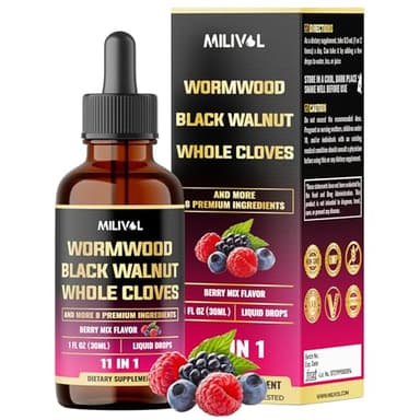 MILIVOL 11in1 Black Walnut Wormwood Tincture Extract with Whole Cloves, Berberine and 8 More - 2 Months Supply - 1 Fl Oz - Berry Mix Flavor