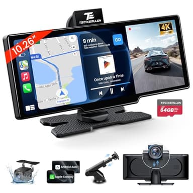 TECXERLLON 10.26'' Portable Apple CarPlay Screen for Car with 4K Dash Cam & 1080P HD Backup Camera, Wireless Car Play & Android Auto with OTA,GPS Navigation, Airplay, Mirror Link