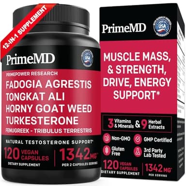 PrimeMD 12-in-1 Fadogia Agrestis and Tongkat Ali - Testosterone Supplement for Men with Turkesterone - HornyGoatWeed for Men for Overall Well-Being with 1342mg Per Serving (120 Capsules) (Pack of 1)