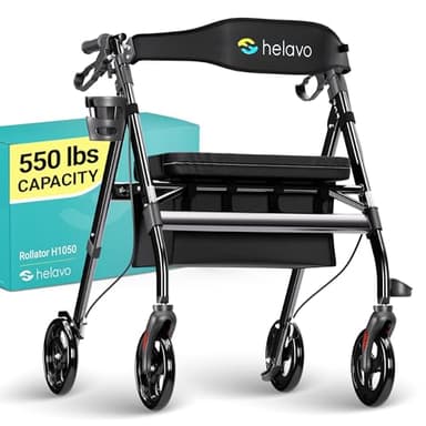 Helavo Bariatric Walker with Large, Height-Adjustable Seat, 550 lbs Weight Capacity, All Terrain 8-inch Wheels, 28-inch Wide - Extra Wide Heavy Duty Rollator for Seniors