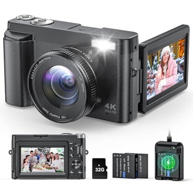 4K Digital Camera for Beginners & Teens, Autofocus 48MP Vlogging Camera for YouTube, 3'' 180°Flip Screen Camera with Flash 16X Zoom, 32G Card Battery Charger Black, Easy to Use