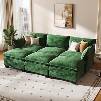 KKL 91.3" Large Modular Sectional Sofa Bed, 6 Seater Convertible U/J/L-Shaped Sleeper Cloud Couch with Ottoman, Chenille Sectional Couches for Living Room, Apartment, Green