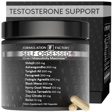 Self Obsessed Masculine Vitality & Testosterone Support - 10-in-1 Complex with Shilajit, Tongkat Ali, & Fadogia Agrestis - 120 Capsules, 2 Month Supply (120 Count (Pack of 1), Self Obsessed)