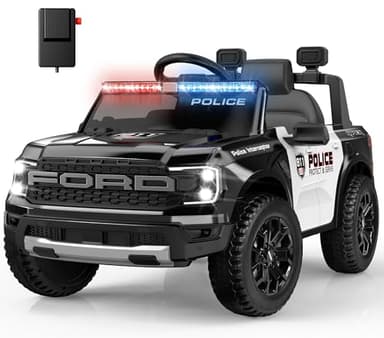 ANPABO Licensed Ford Police Car Ride On,12V Kids Cars to Drive w/Realistic LED Siren Flashing Light, Megaphone, Remote Control, Music, Storage Trunk, Electric Cars for Kids Ages 2+, Black